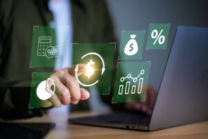 A person's hand is interacting with digital financial icons, including a calculator, dollar sign, and graphs representing attorney advertising ROI analytics on a laptop.