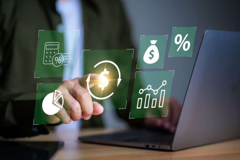 A person's hand is interacting with digital financial icons, including a calculator, dollar sign, and graphs representing attorney advertising ROI analytics on a laptop.