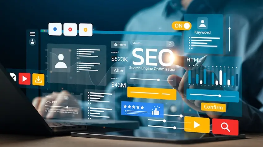 A digital marketing professional at EverConvert is interacting with holographic SEO dashboard displaying analytics metrics keywords and optimization tools.