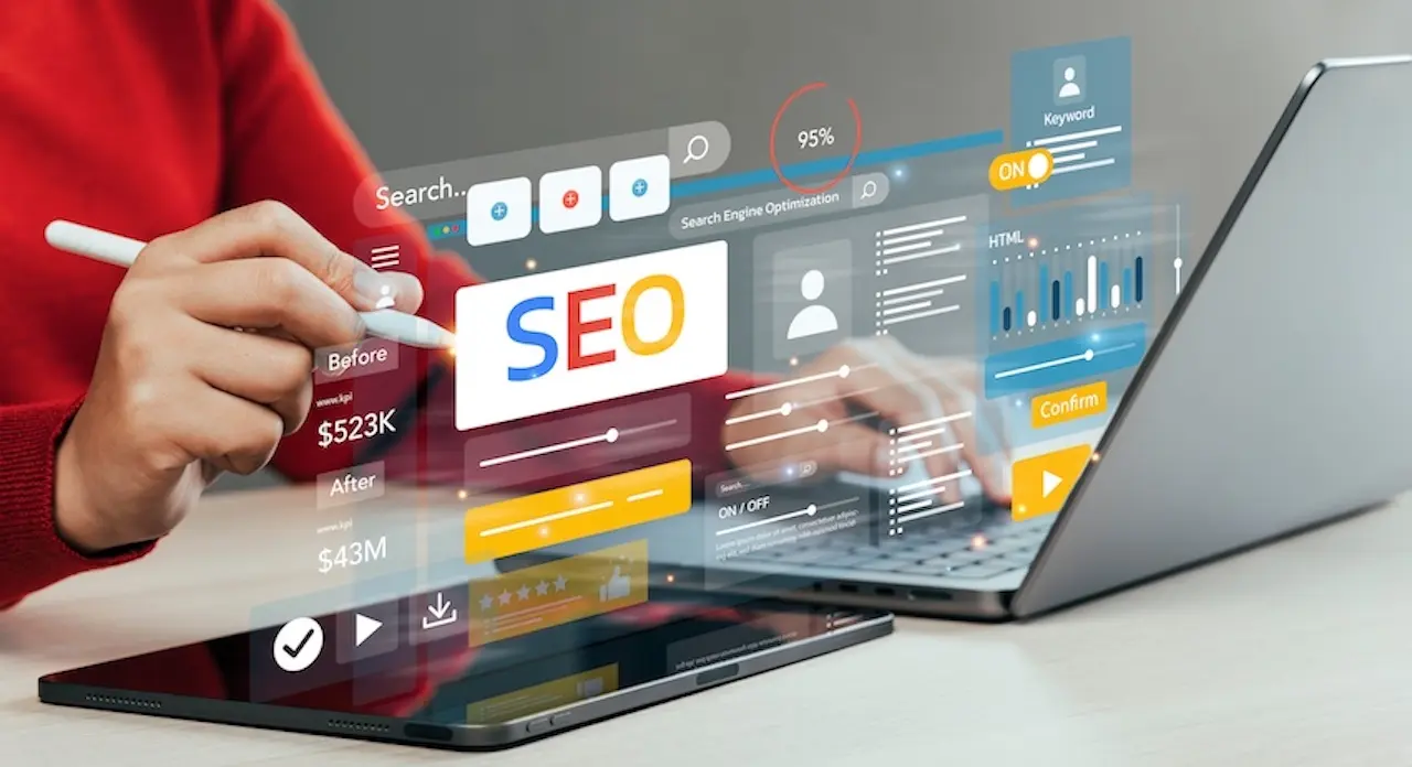 A person in a red sweater from EverConvert is working on a laptop with a holographic SEO interface showing search optimization tools and keyword analytics.