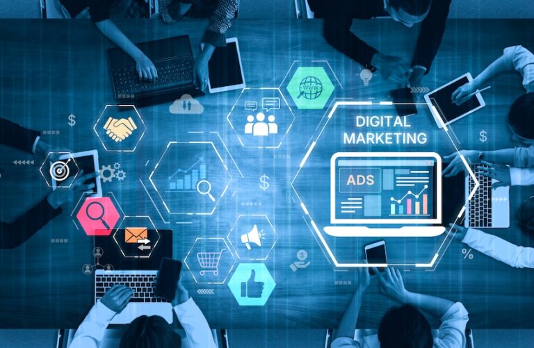 A business team from EverConvert is collaborating around a table with digital paid ads and SEO marketing overlay showing analytics charts and campaign icons.