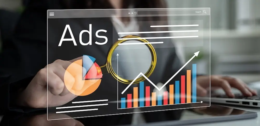 A professional from EverConvert is viewing a transparent digital screen displaying a paid ads dashboard with performance charts and growth metrics.