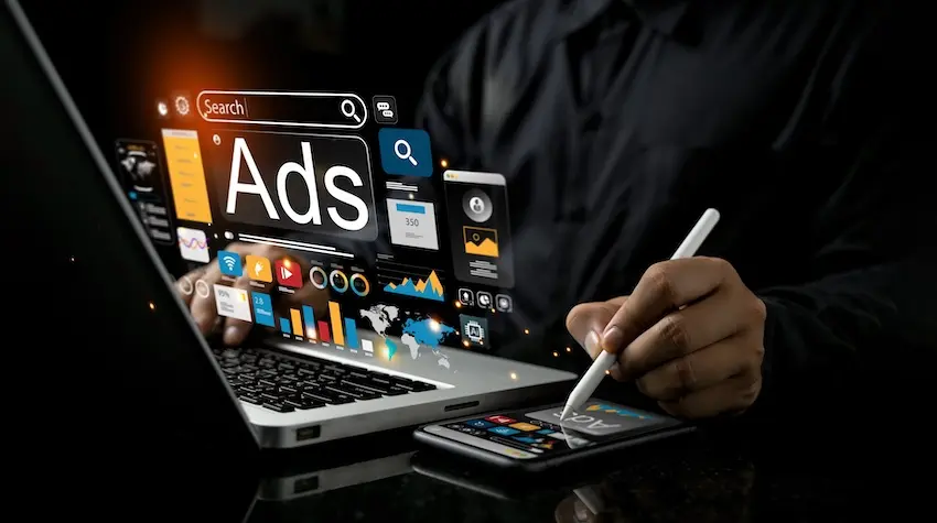 A person uses a stylus pen on a smartphone beside an open laptop displaying floating digital ad dashboards and analytics icons illustrating the multi-channel paid advertising services offered by a full-scope marketing agency from EverConvert.