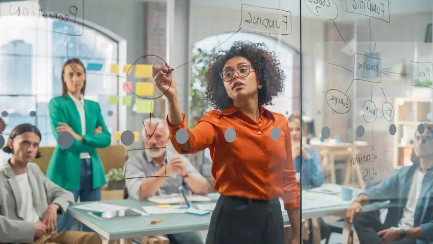 A woman in an orange blouse writes a strategy flowchart on a glass board while colleagues look on attentively in a bright open office capturing the team-driven approach to campaign development at a creative marketing agency at EverConvert.