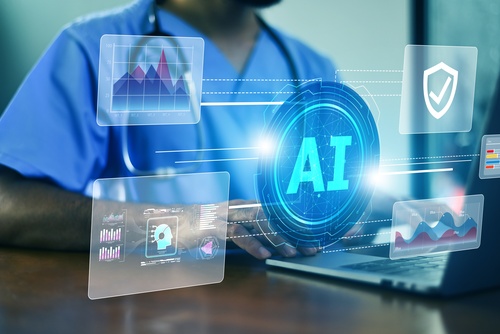 A doctor on a computer and ai data points to represent ai for healthcare websites.