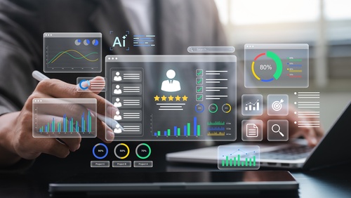 An image of a person on their computer while reviews and other data points on the screen to represent ai optimization for healthcare sites.