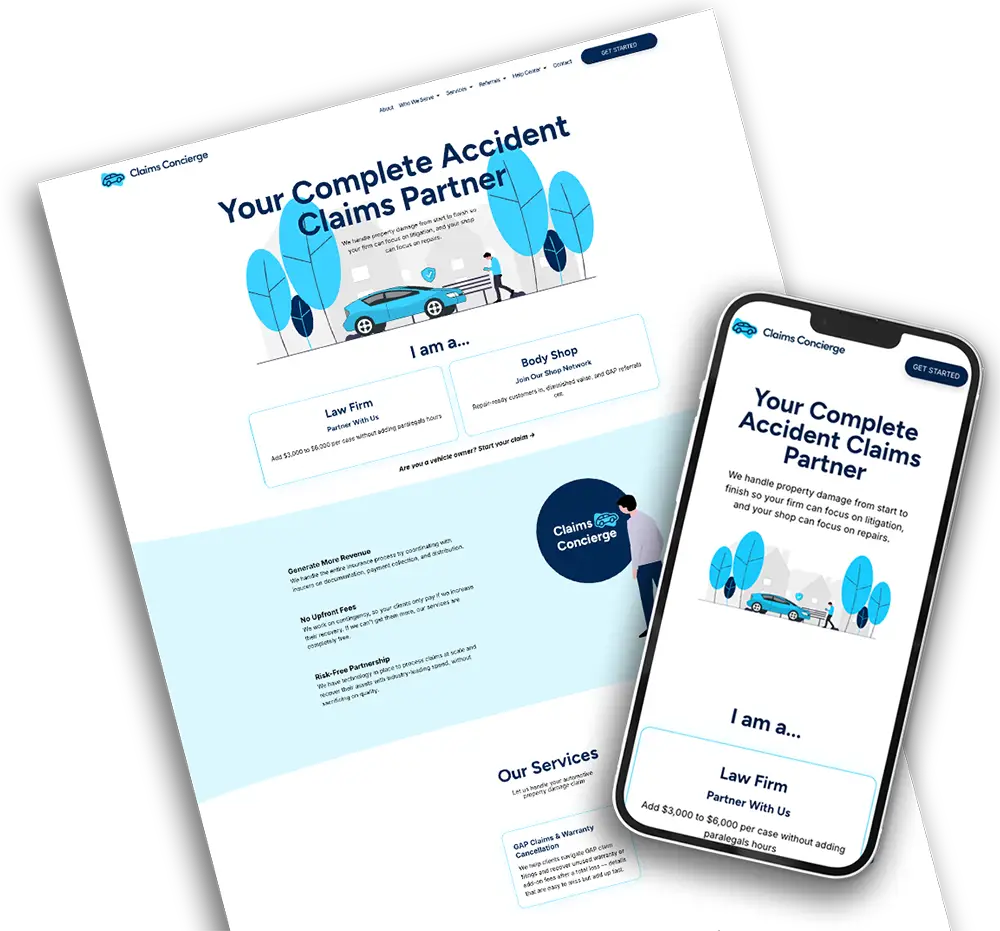 Desktop and mobile mockup of Claims Concierge Law website