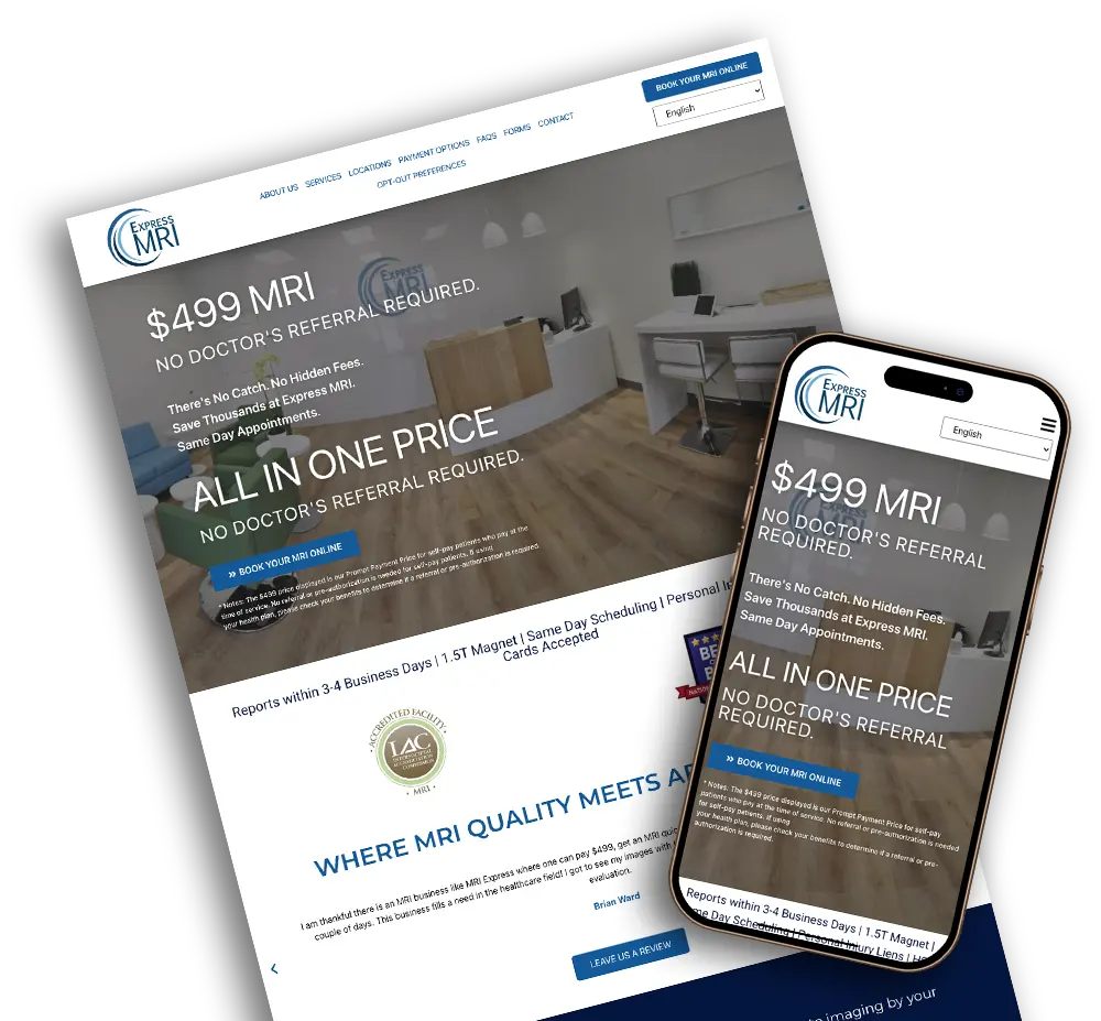 Desktop and mobile mockup of Express MRI website