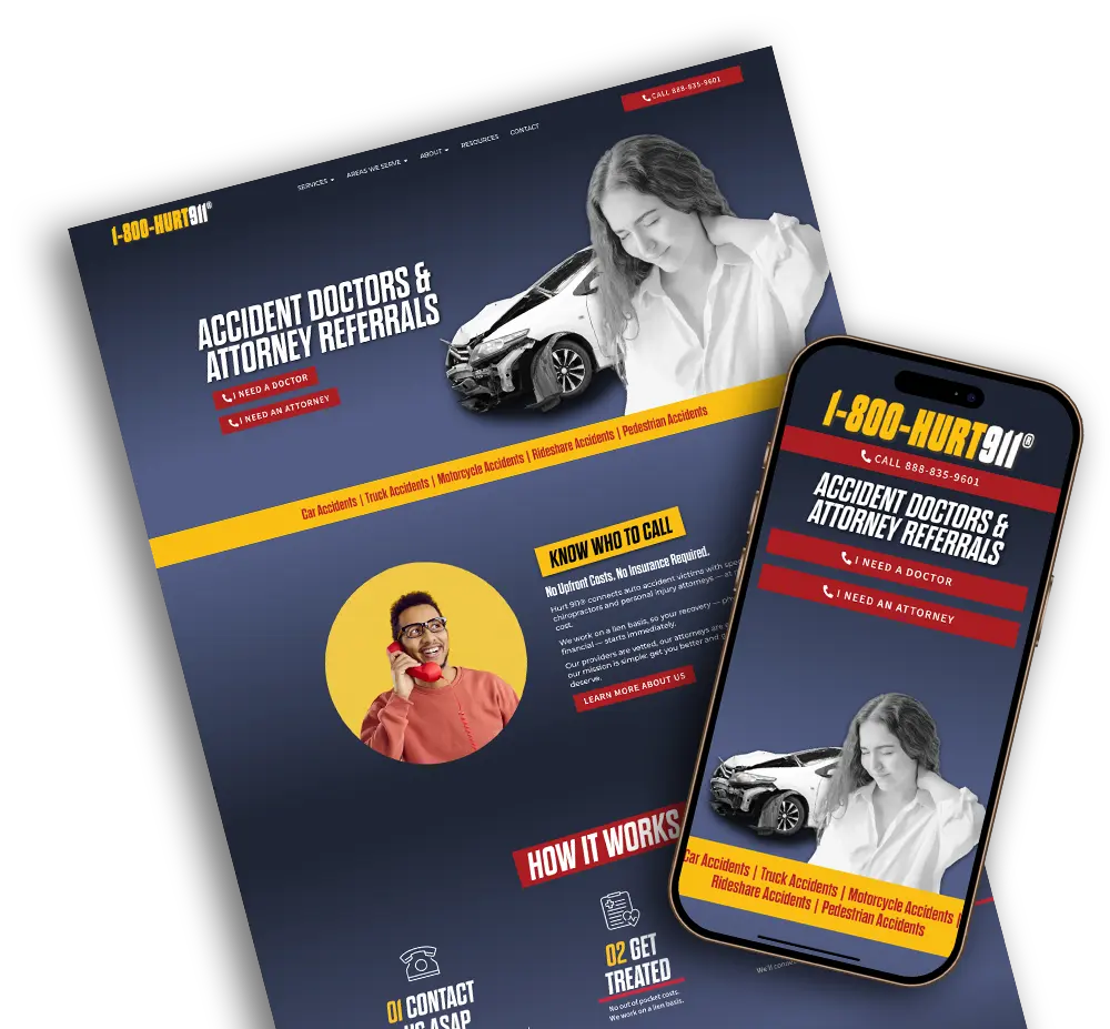 Desktop and mobile mockup of Hurt 911 Injury Group website