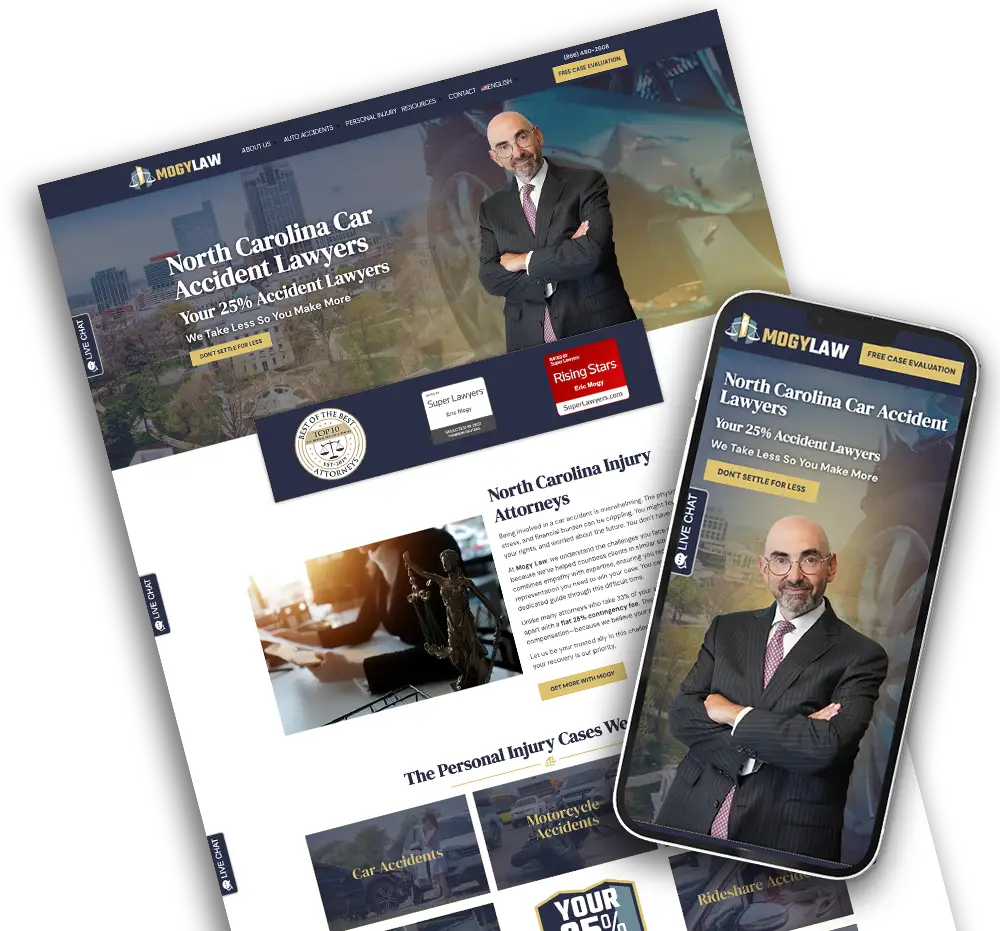 Desktop and mobile mockup of Mogy Law NC website