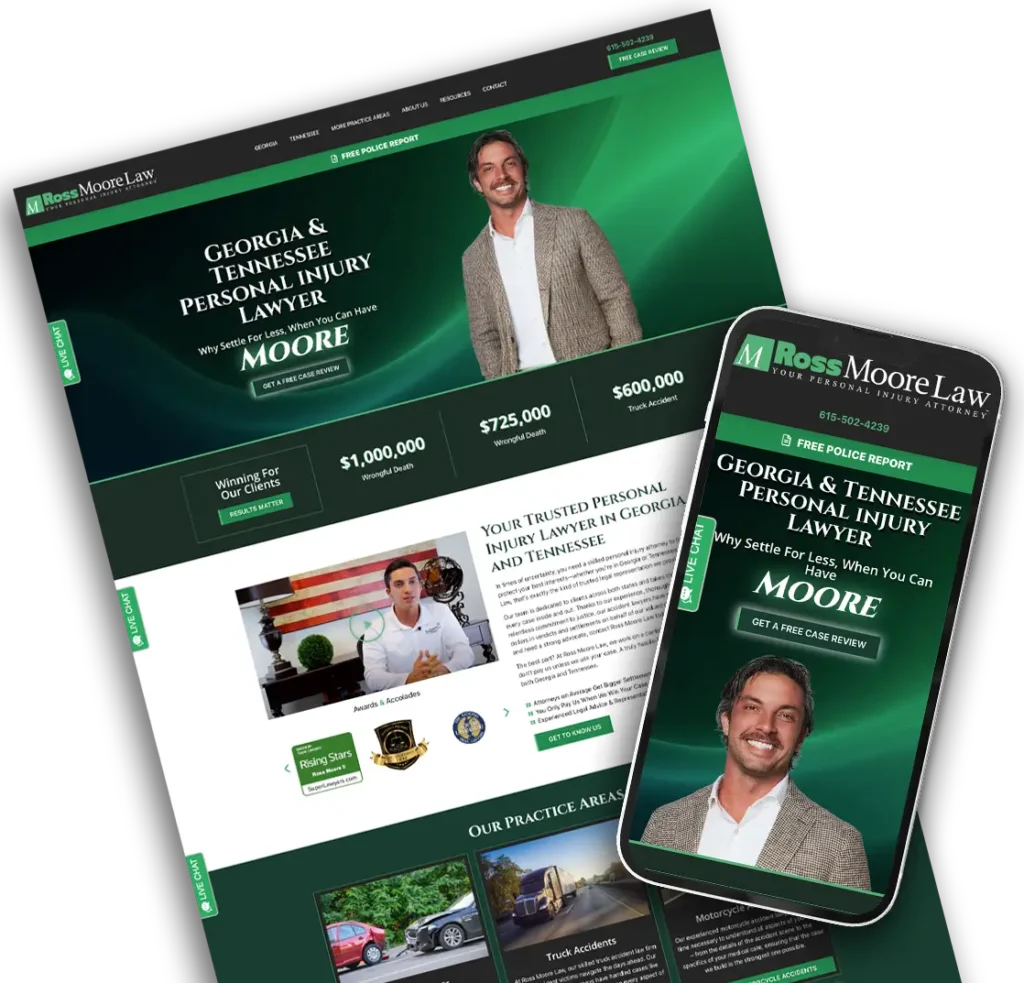Desktop and mobile mockup of Ross Moore Law website