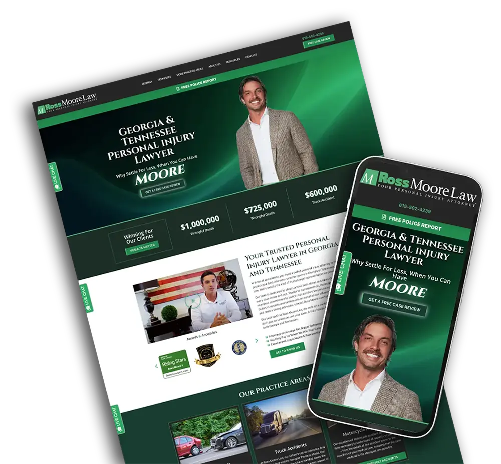 Desktop and mobile mockup of Ross Moore Law website