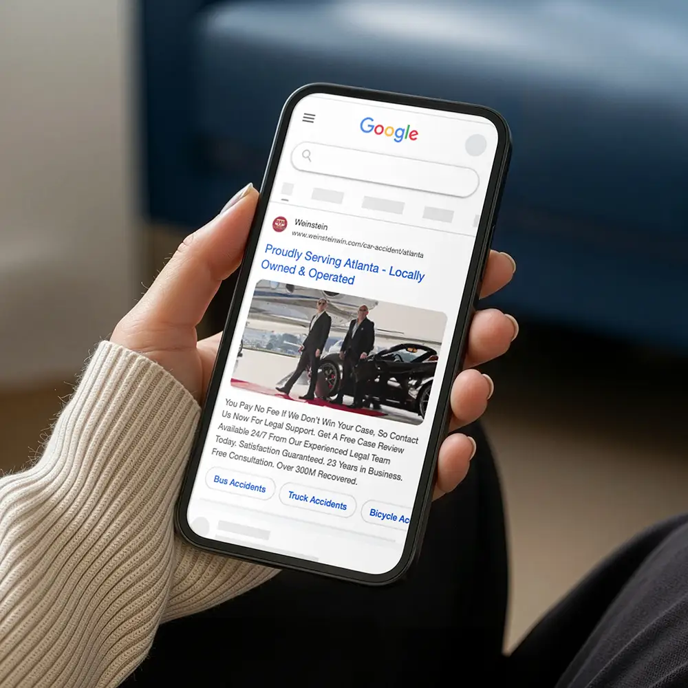 Search ad on mobile for a personal injury law firm