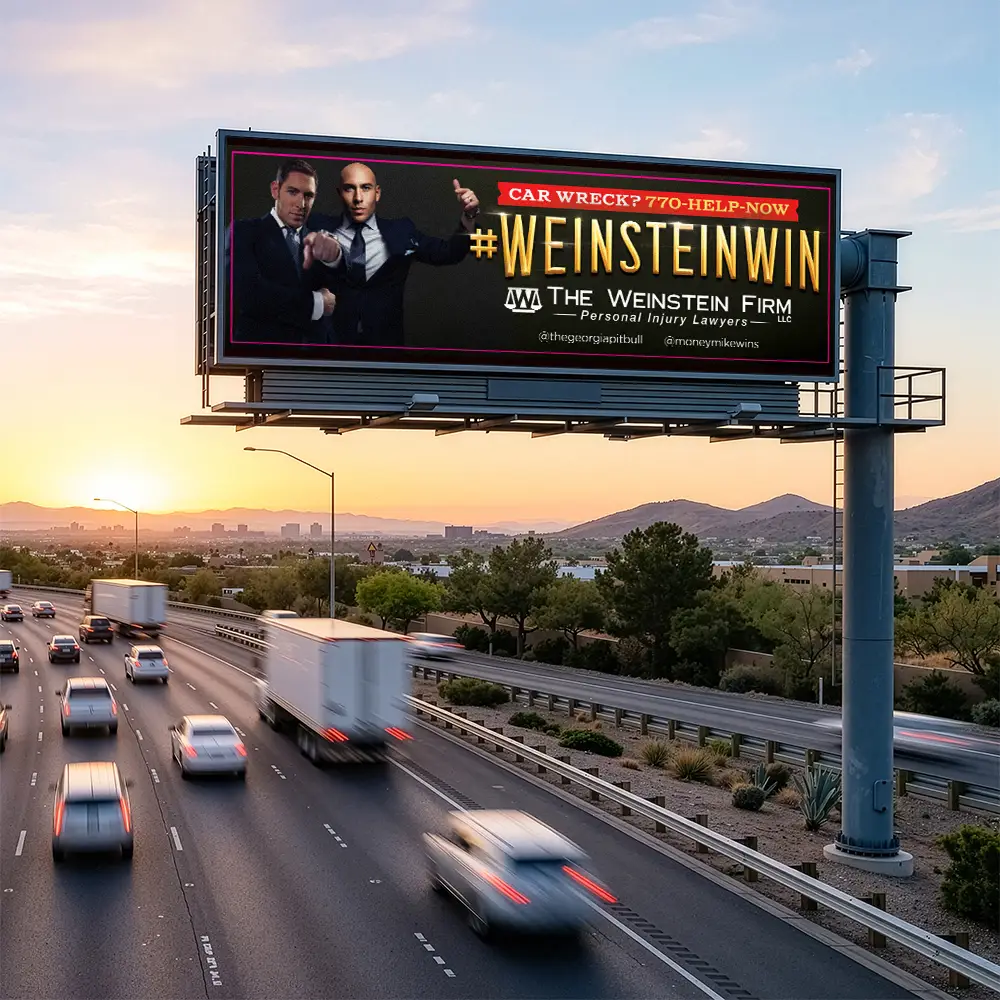 Billboard over the highway with a graphic for The Weinstein Firm