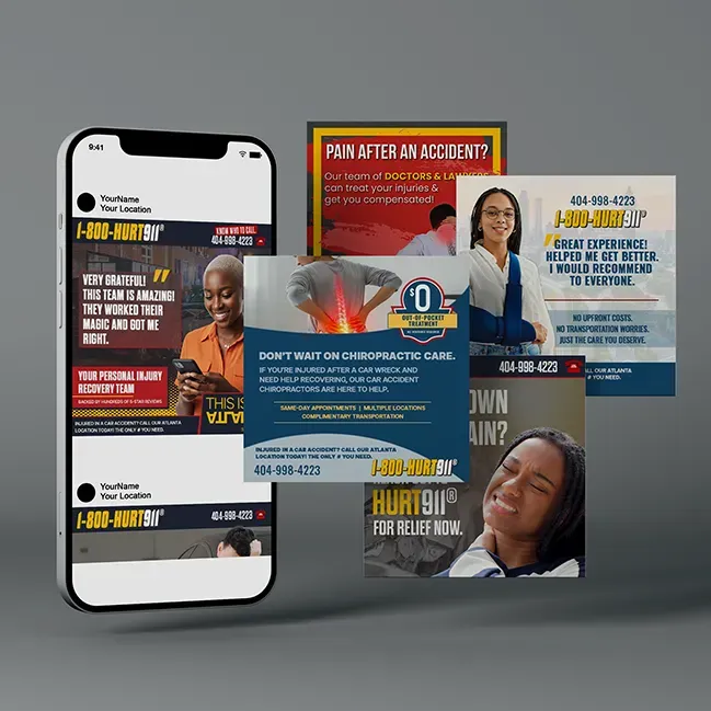 Mockup of different social media posts for 1 800 Hurt 911®