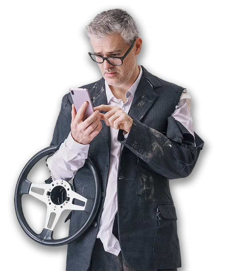 Man in ragged clothes after an MVA calling a law firm