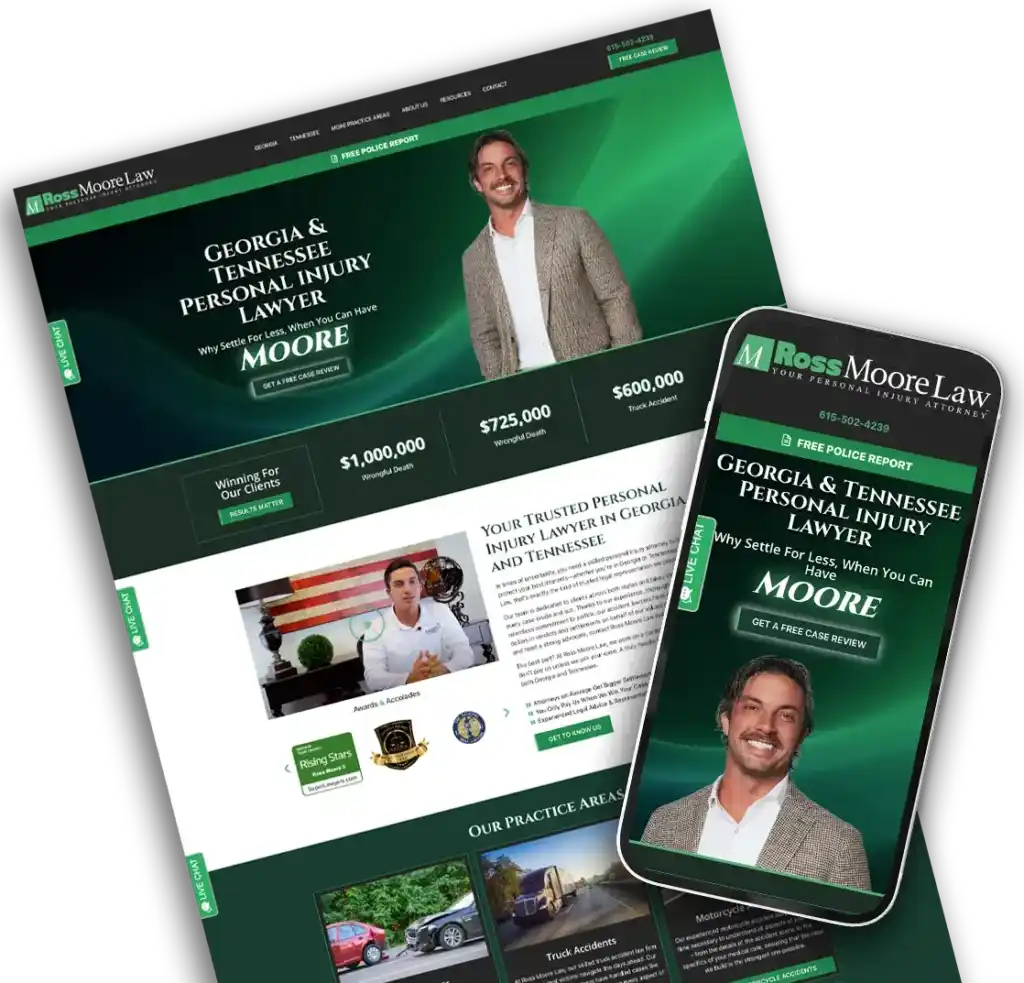 Desktop and mobile mockup of Ross Moore Law website